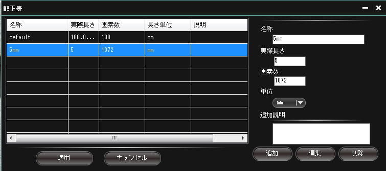 校正表に計測した基準値が追加、次回使用時まで保存可能